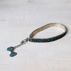 FANCY Dazzling Emerald Green Jewels & Silver Stretchy Dog Collar & Bone Charm